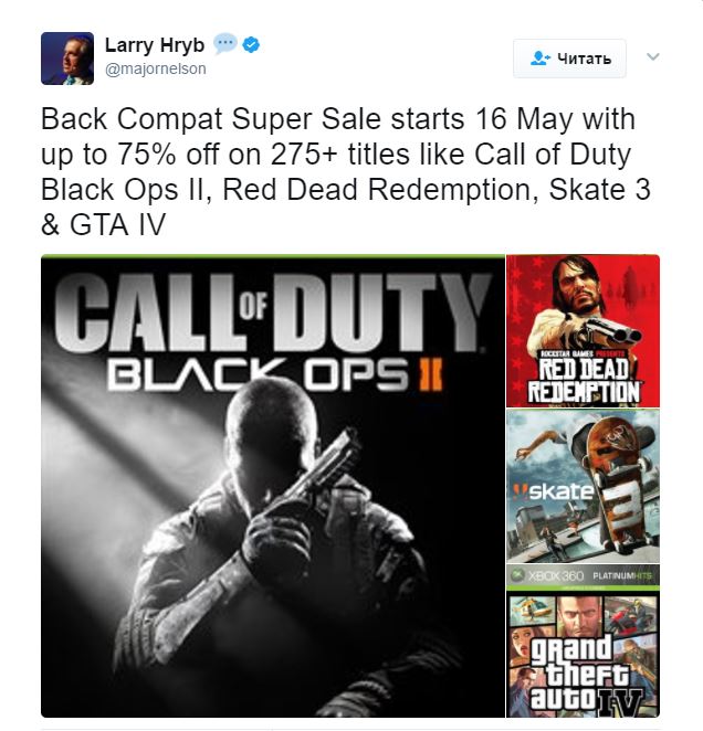 Cогласно анонсирующему твиту, можно с полной уверенностью ожидать скидки до 75% на такие игры, как Call of Duty: Black Ops II, Red Dead Redemption, Grand Theft Auto IV и Skate 3.